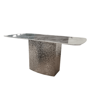 Roma Dining Table with Stunning Marble Top on Hammered Metal Base - Available in White & Crystal Grey - UK Luxury Furniture